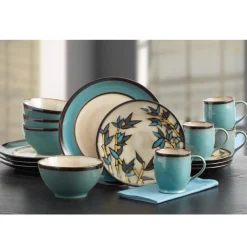 Gourmet Basics® Belmont Round Blue Stalks Dinnerware Set- Dinnerware Service For 8|Dinnerware Service For 4