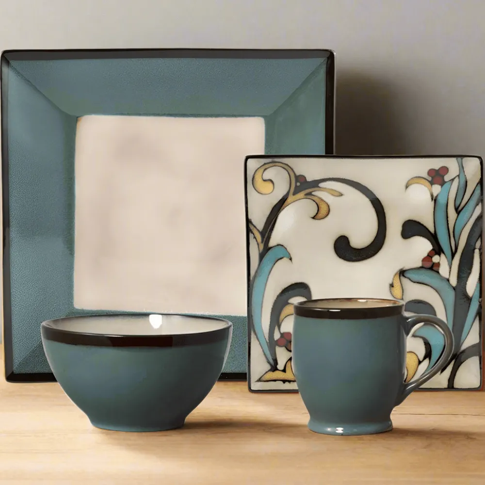 Gourmet Basics® Belmont Square Blue Leaves Dinnerware Set- Dinnerware Service For 8|Dinnerware Service For 4