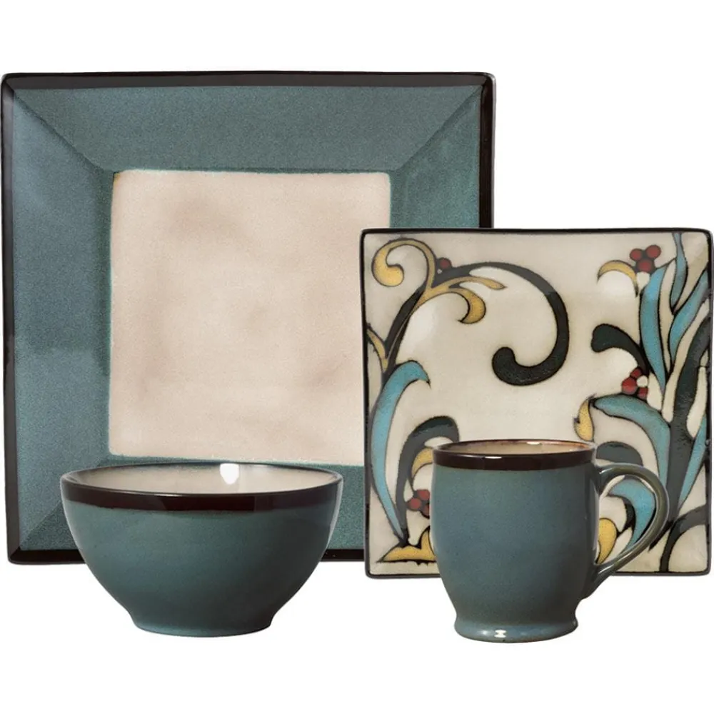 Gourmet Basics® Belmont Square Blue Leaves Dinnerware Set- Dinnerware Service For 8|Dinnerware Service For 4