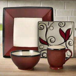 Gourmet Basics® Belmont Square Red Vine Dinnerware Set- Dinnerware Service For 8|Dinnerware Service For 4