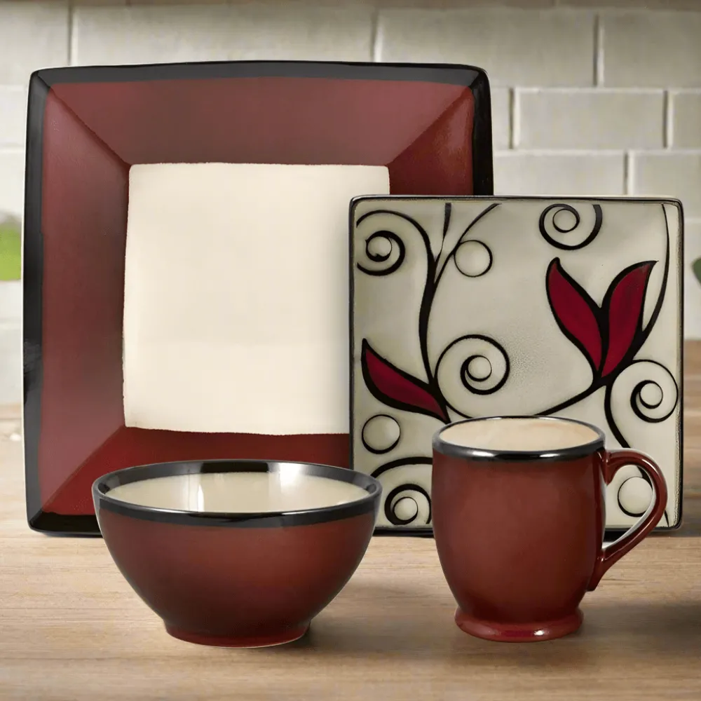 Gourmet Basics® Belmont Square Red Vine Dinnerware Set- Dinnerware Service For 8|Dinnerware Service For 4