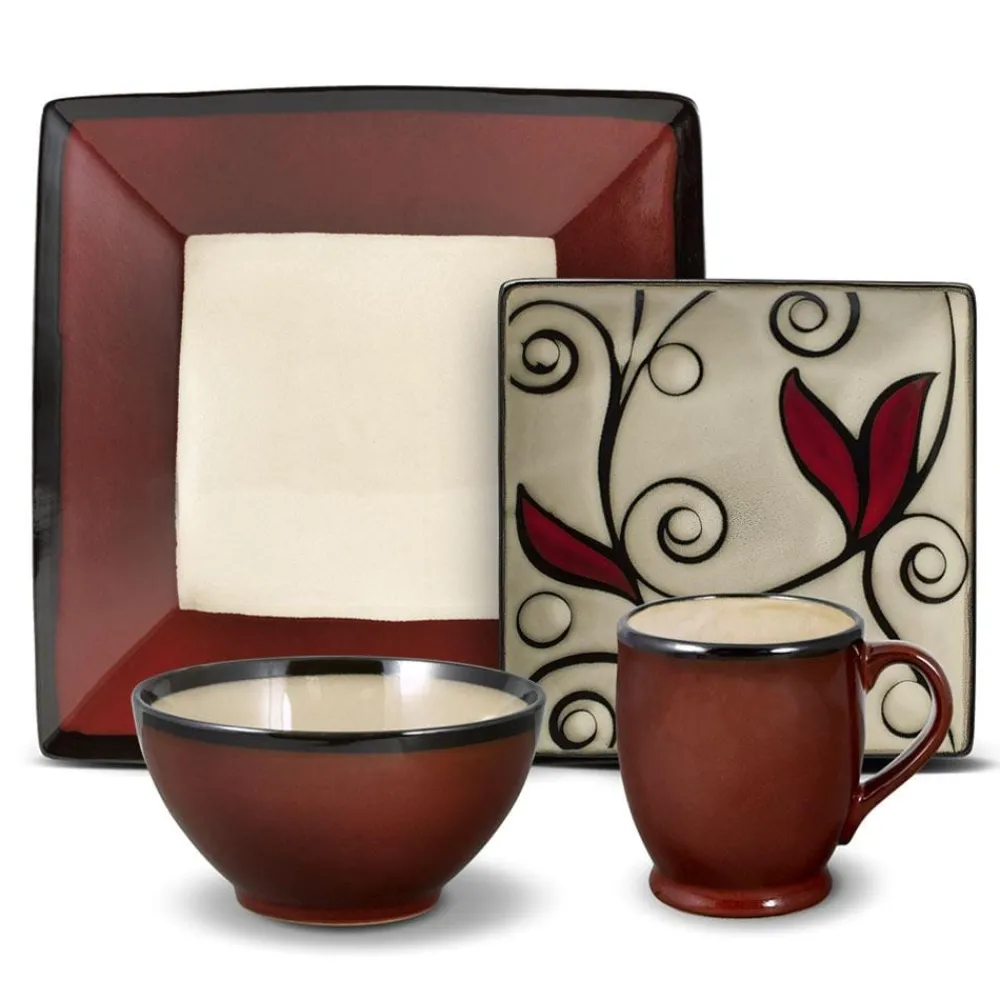 Gourmet Basics® Belmont Square Red Vine Dinnerware Set- Dinnerware Service For 8|Dinnerware Service For 4