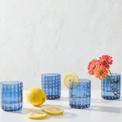 Darbie Angell Dappled Clouds Cobalt Set of 4 Double Old Fashioned Glasses- Drinking Glasses