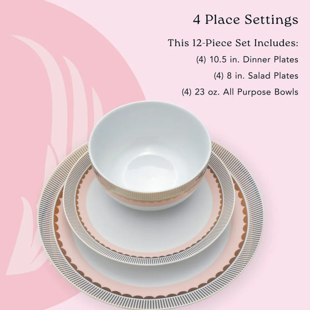 Darbie Angell Golden Charm Metallic 12 Piece Dinnerware Set, Service for 4- Dinnerware Service For 4