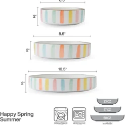 Darbie Angell Happy Spring Summer 9 piece Bowl Set, Service for 3- Pasta Bowls