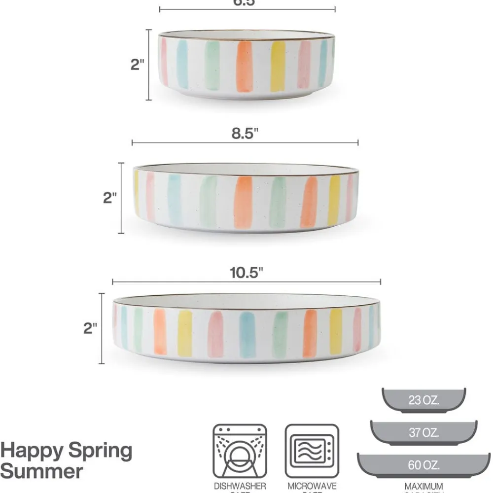 Darbie Angell Happy Spring Summer 9 piece Bowl Set, Service for 3- Pasta Bowls