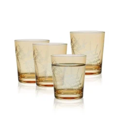 Fitz and Floyd Wildflower Double Old Fashioned Glasses Set of 4, Gold- Drinking Glasses