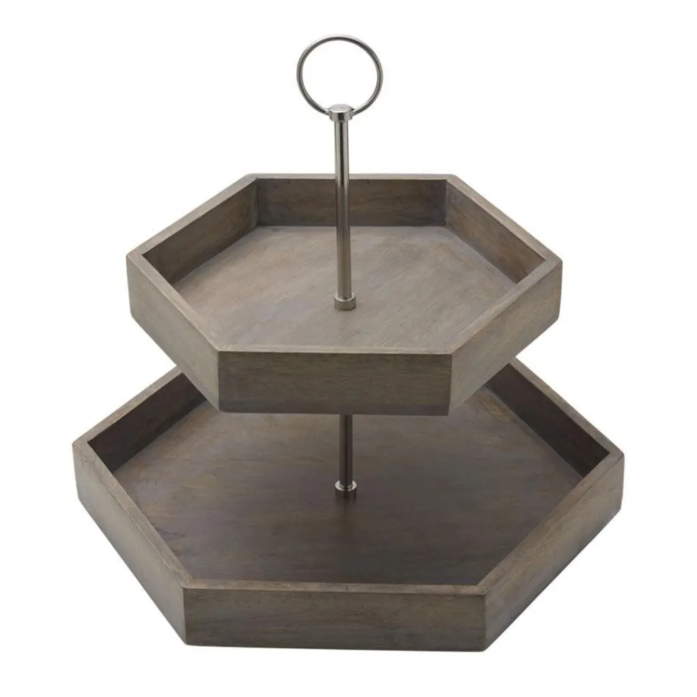Gourmet Basics® Hexagon 2 Tiered Mango Wood Serve Tray- Fruit And Storage Baskets