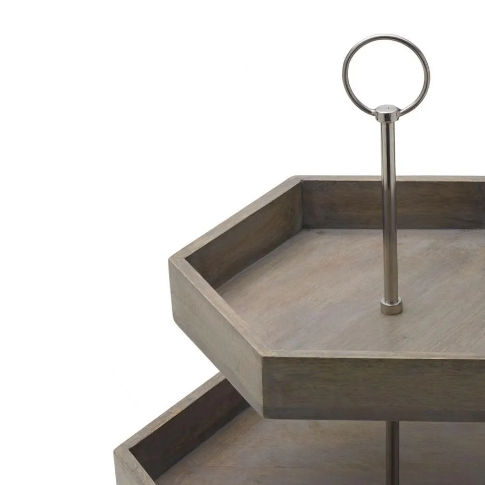 Gourmet Basics® Hexagon 2 Tiered Mango Wood Serve Tray- Fruit And Storage Baskets