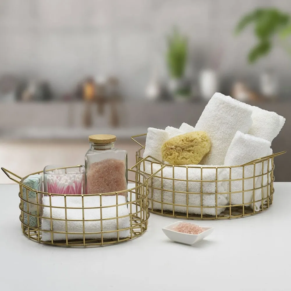 Gourmet Basics® Kendall Set Of 2 Gold Centerpiece Baskets- Decor|Fruit And Storage Baskets