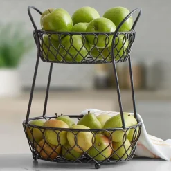 Gourmet Basics® Loop and Lattice 2 Tier Basket with Divider- Fruit And Storage Baskets