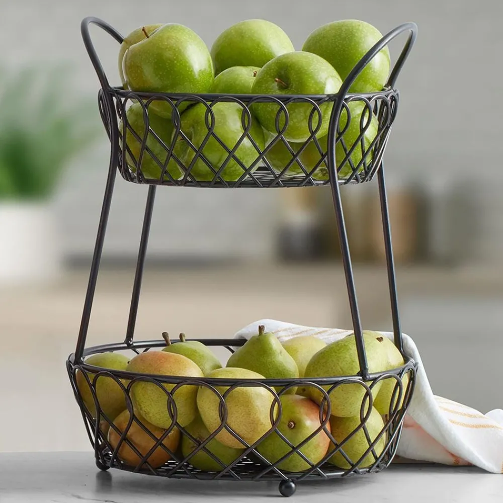 Gourmet Basics® Loop and Lattice 2 Tier Basket with Divider- Fruit And Storage Baskets