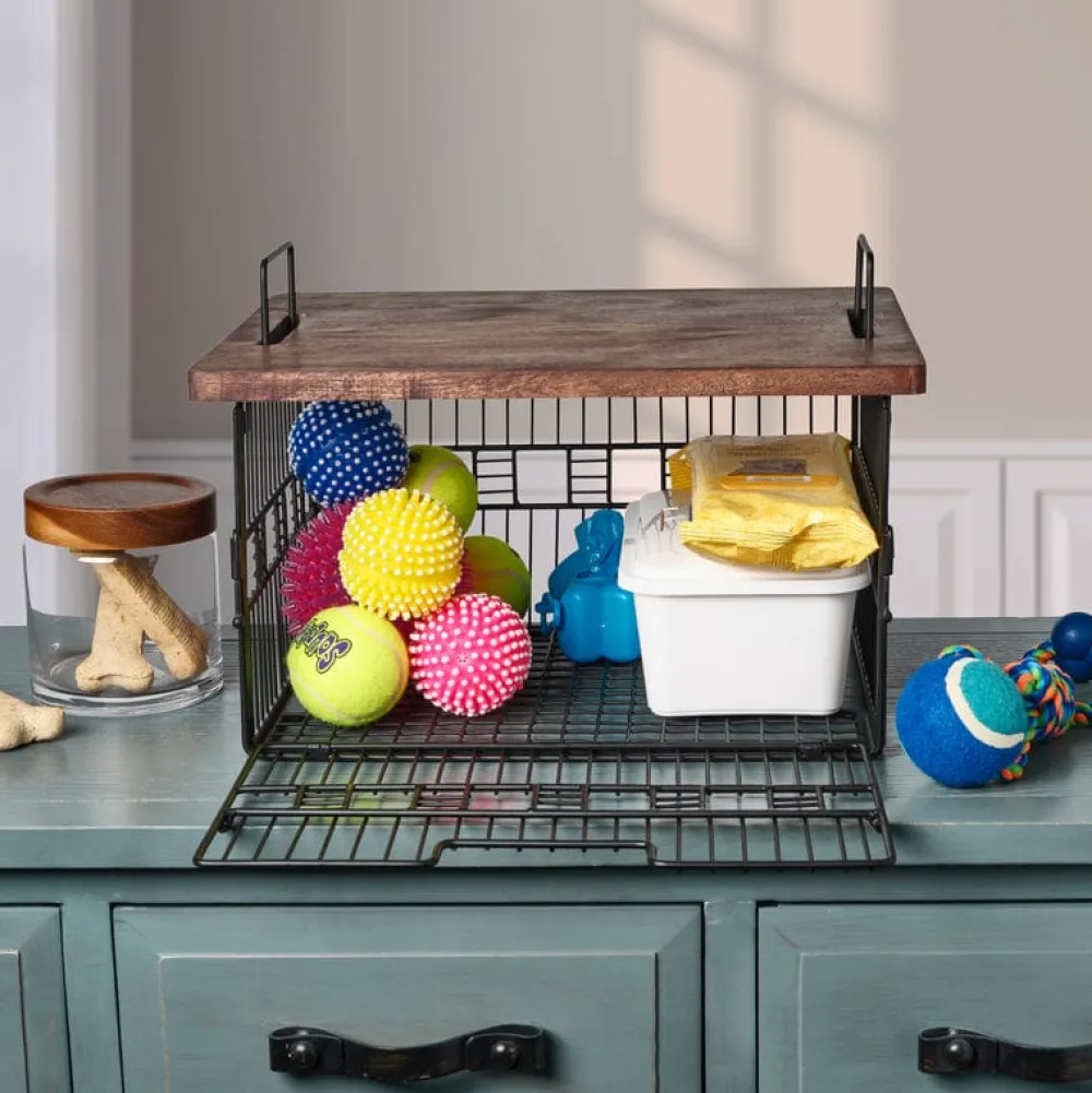 Gourmet Basics® Madam Grid Stacking and Nesting Basket with Mango Wood Lid- Fruit And Storage Baskets