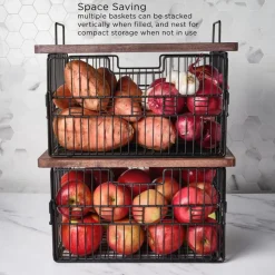 Gourmet Basics® Madam Grid Stacking and Nesting Basket with Mango Wood Lid- Fruit And Storage Baskets