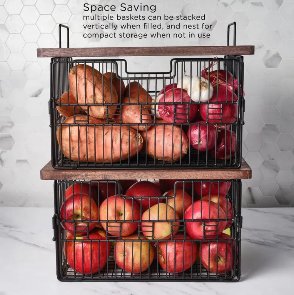 Gourmet Basics® Madam Grid Stacking and Nesting Basket with Mango Wood Lid- Fruit And Storage Baskets