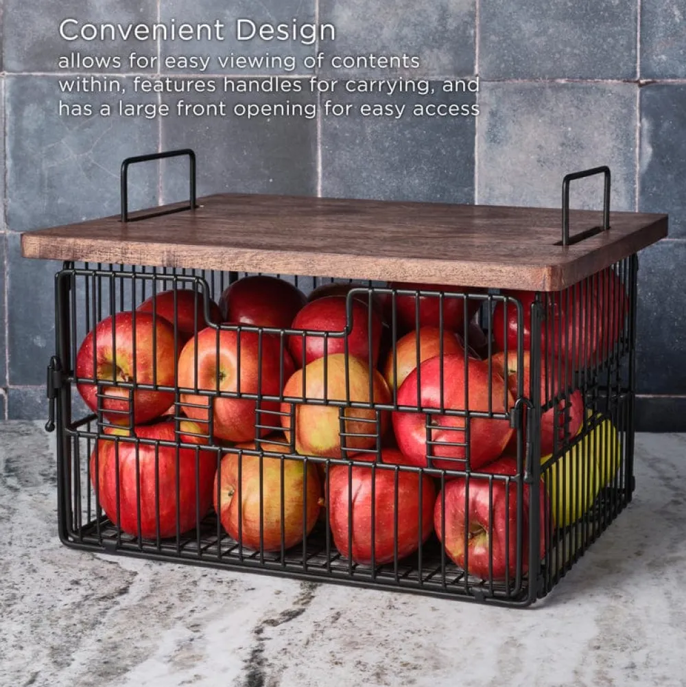 Gourmet Basics® Madam Grid Stacking and Nesting Basket with Mango Wood Lid- Fruit And Storage Baskets