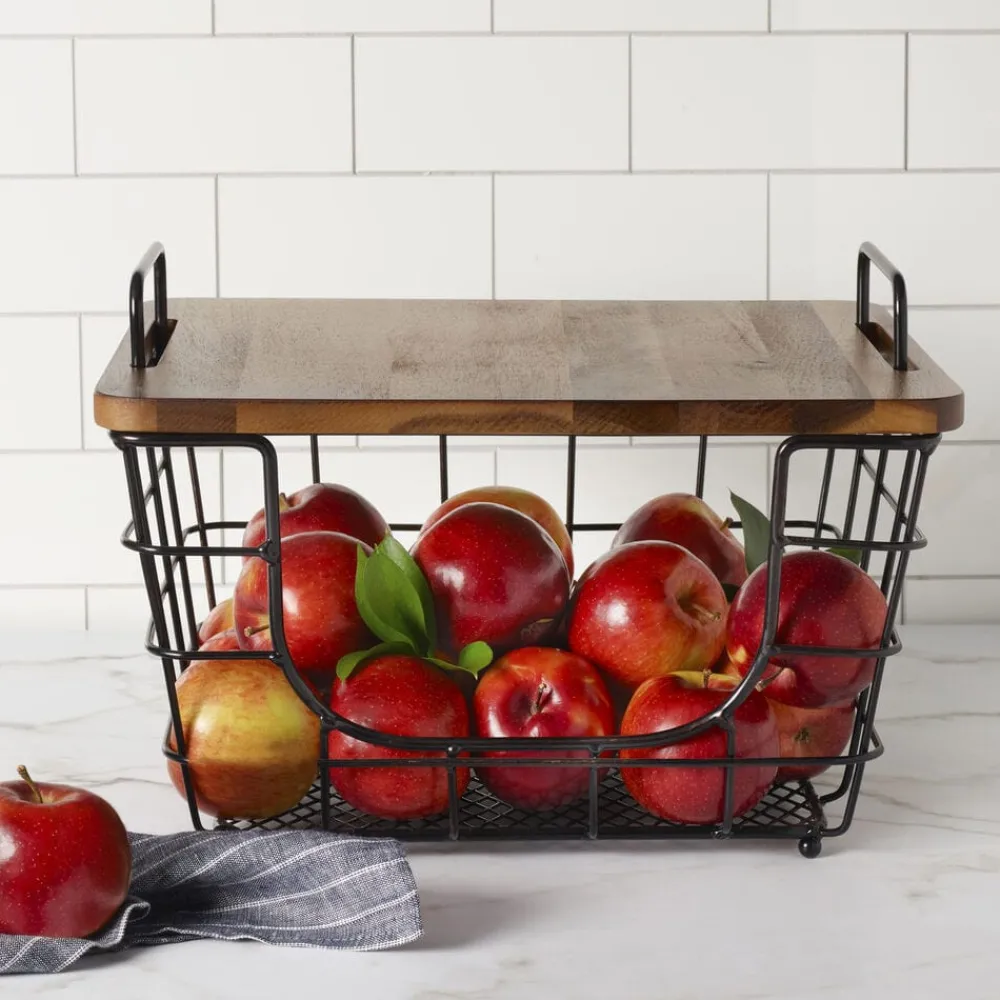 Gourmet Basics® Madam Stacking And Nesting Basket with Acacia Lid- Fruit And Storage Baskets