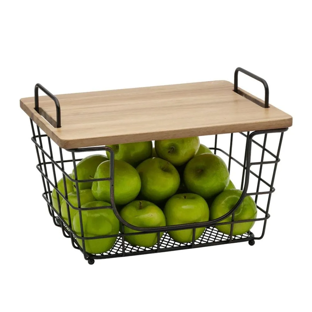 Gourmet Basics® Madam Stacking And Nesting Basket with Acacia Lid- Fruit And Storage Baskets