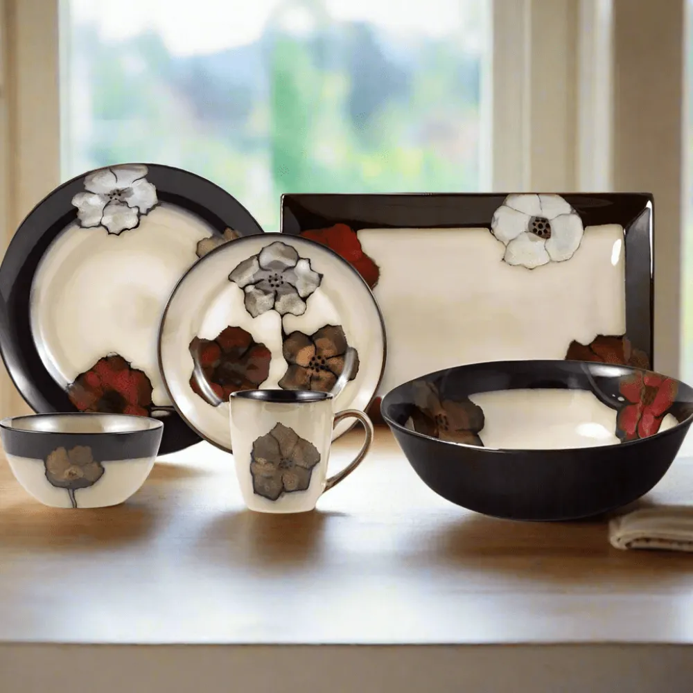 Pfaltzgraff® Painted Poppies Service for 8 with Serveware- Dinnerware Service For 8