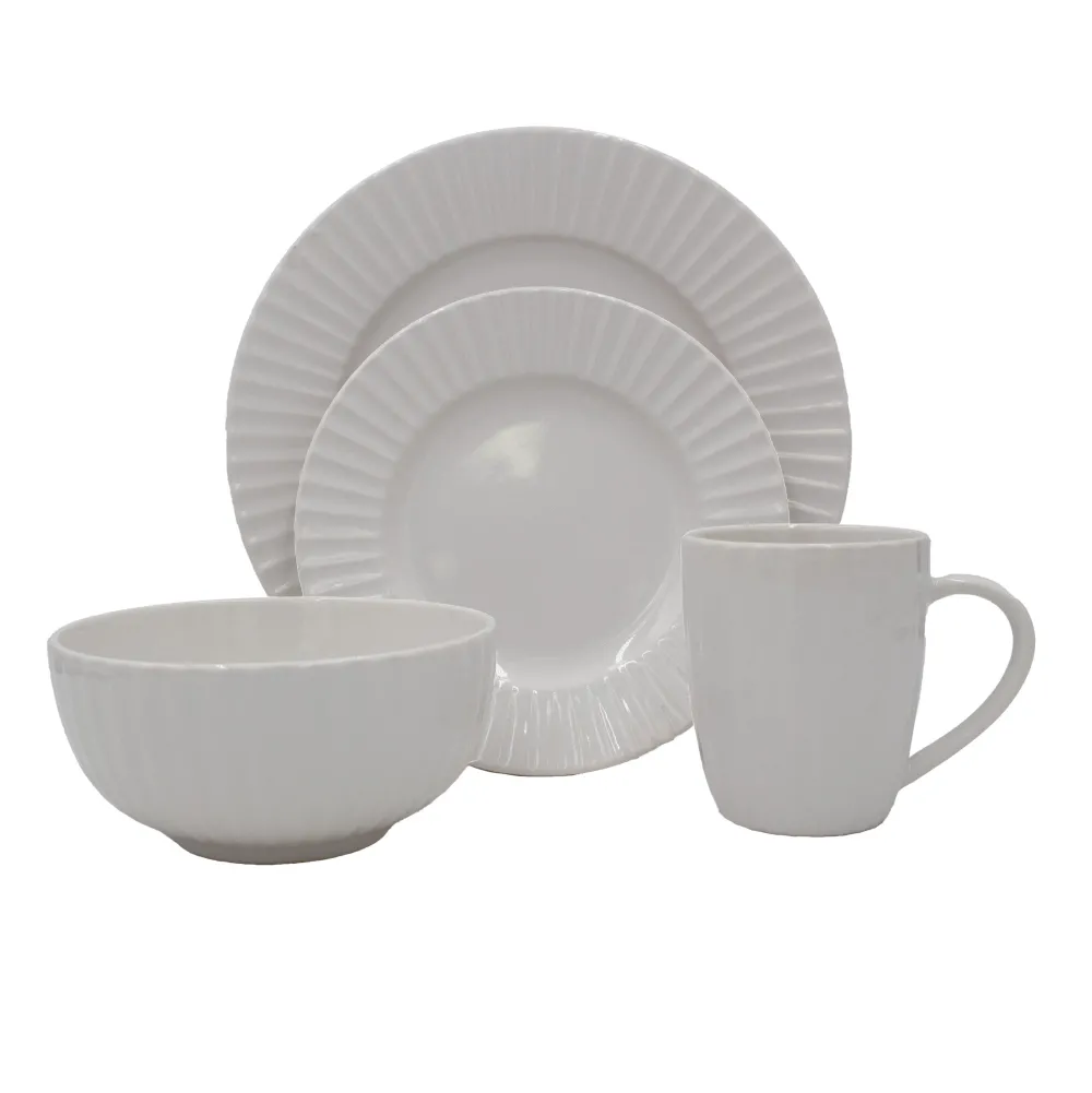 - White Embossed 32 Piece Dinnerware Set, Service for 8- Dinnerware Service For 8