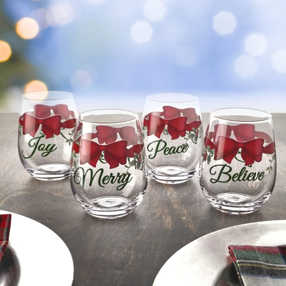 Pfaltzgraff® Winterberry® Ribbon Set of 4 Stemless Wine Glasses- Drinking Glasses